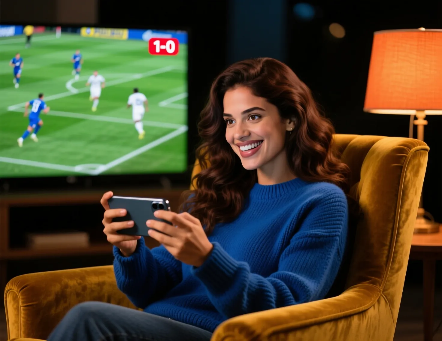 Mulher brasileira assistindo jogo de futebol ao vivo pelo smartphone