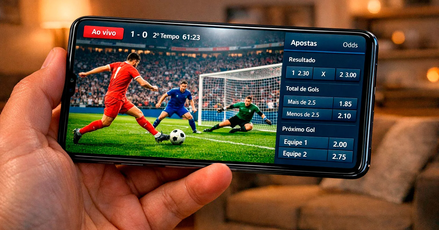Smartphone exibindo transmissão ao vivo de partida de futebol em aplicativo de apostas