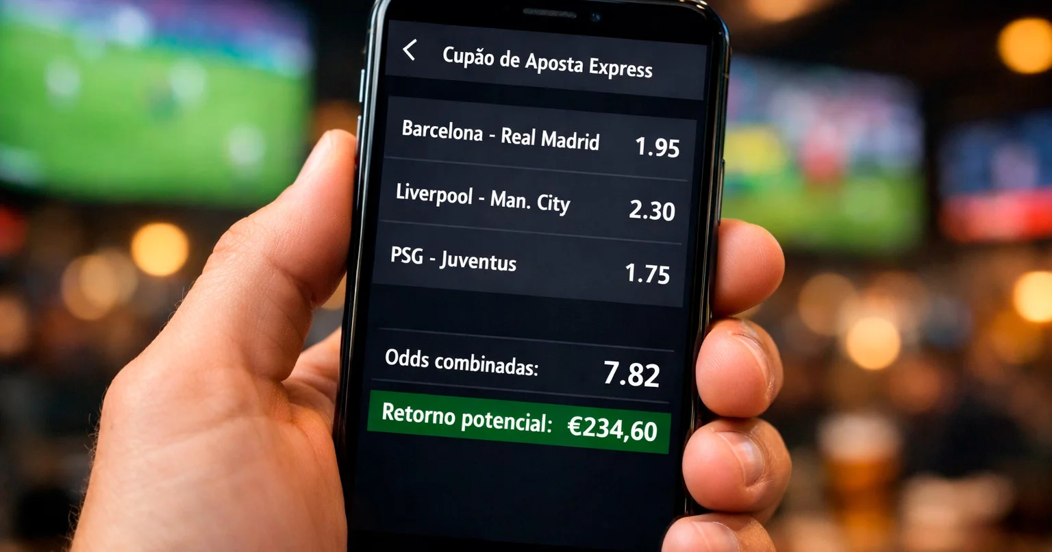 Bilhete de aposta múltipla com várias seleções exibido em smartphone