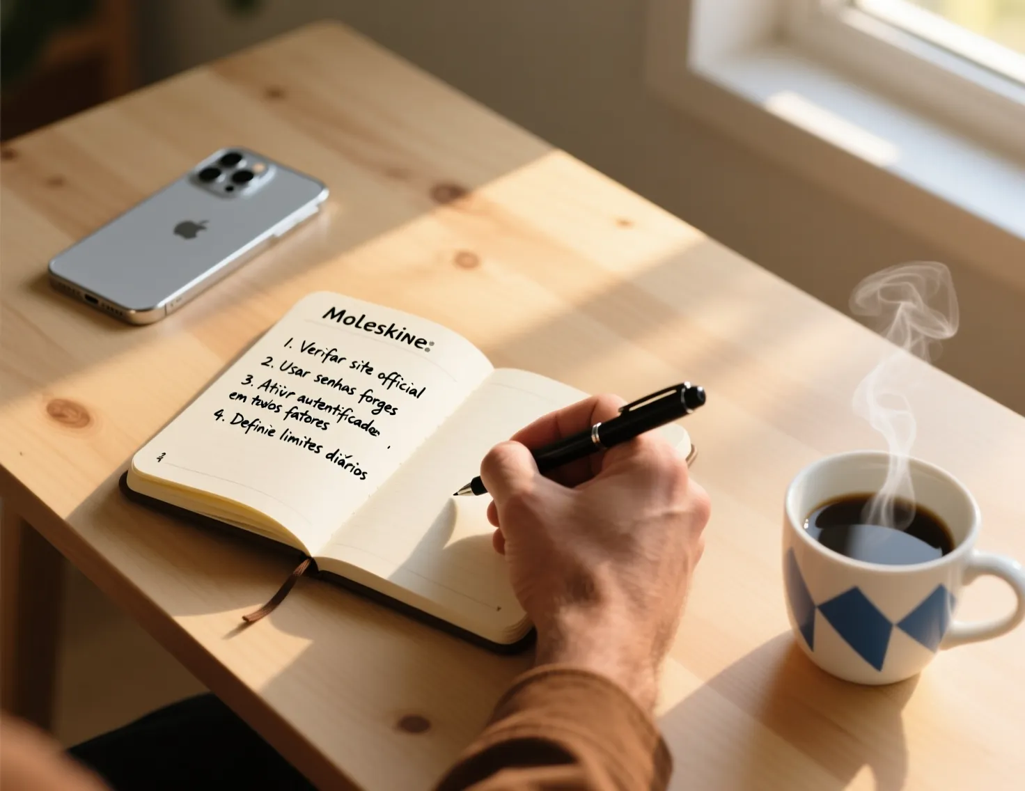 Área de trabalho organizada com smartphone e caderno representando práticas seguras de apostas