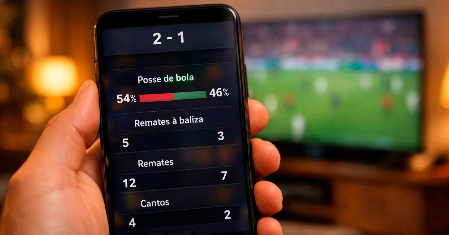 Smartphone exibindo estatísticas ao vivo de partida de futebol em aplicativo de apostas