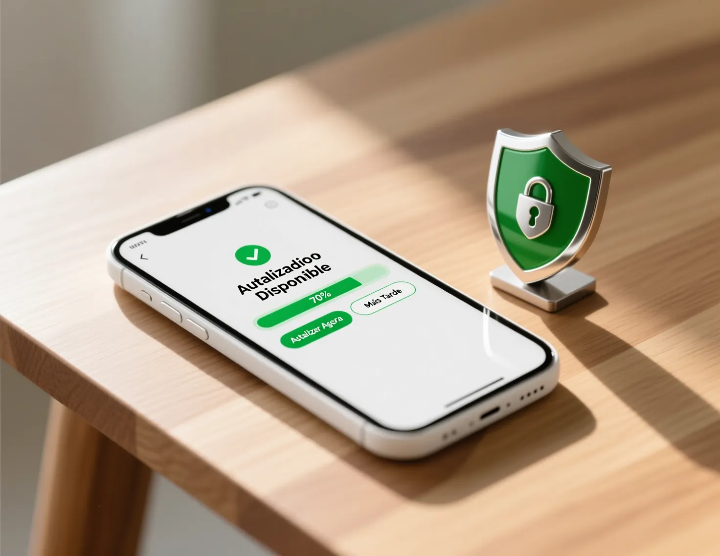 Smartphone com notificação de atualização e ícone de escudo representando segurança