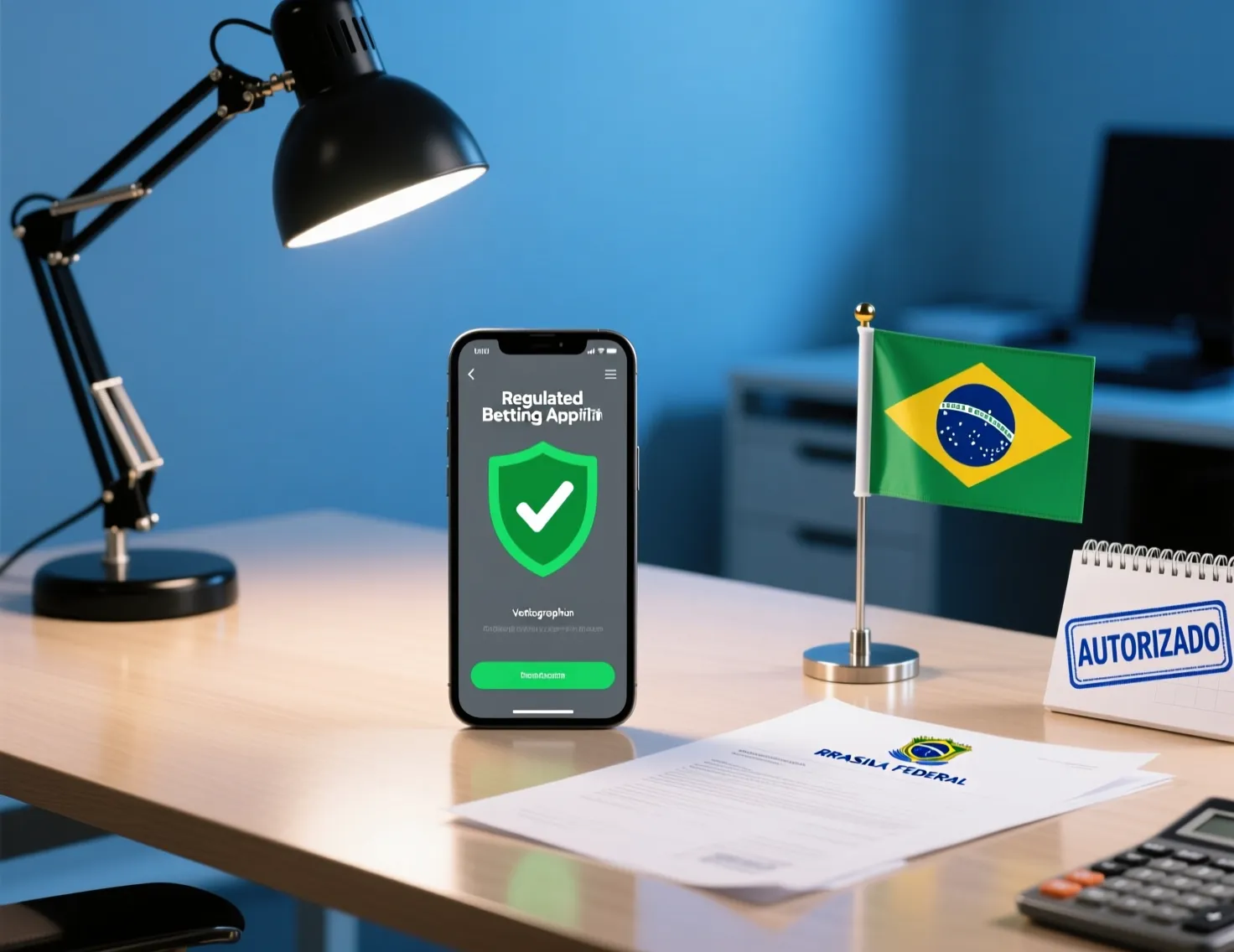 Smartphone com aplicativo de apostas seguro e documentos de regulamentação brasileira