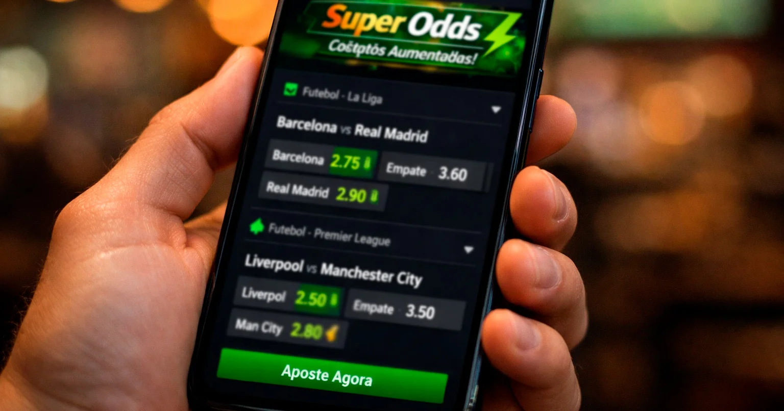 Tela de aplicativo de apostas destacando promoção de Super Odds em partida de futebol