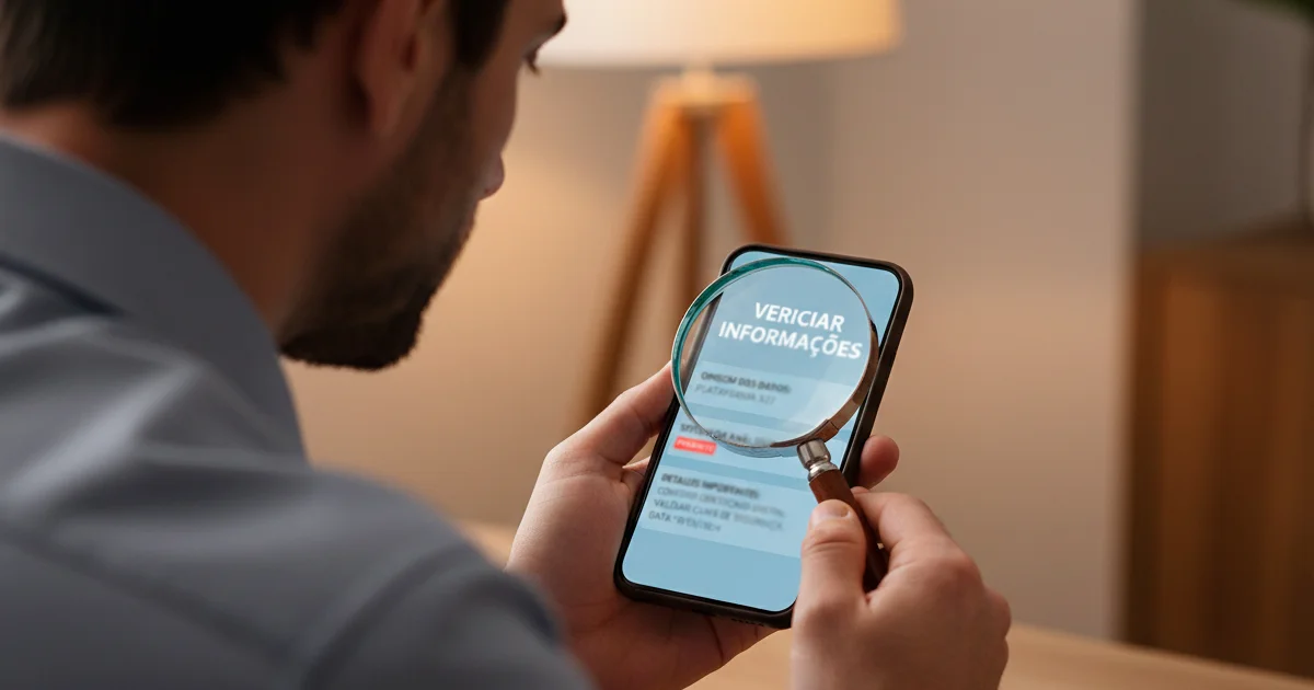 Pessoa analisando smartphone com lupa simbólica verificando confiabilidade de aplicativo