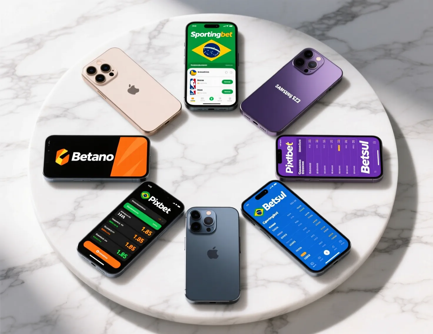 Diversos smartphones exibindo aplicativos de apostas esportivas representando o mercado brasileiro