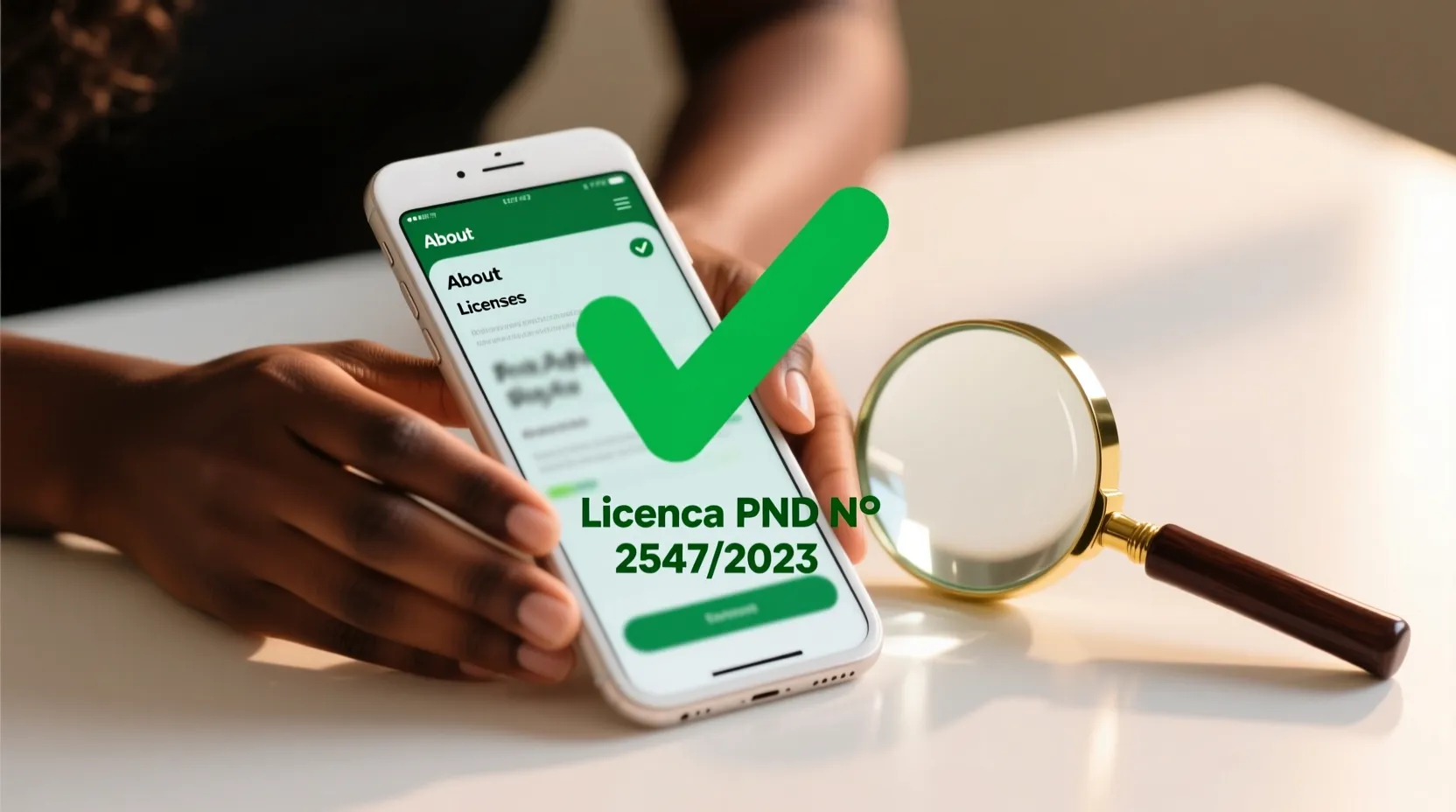 Mãos verificando legitimidade de aplicativo de apostas com lupa e smartphone